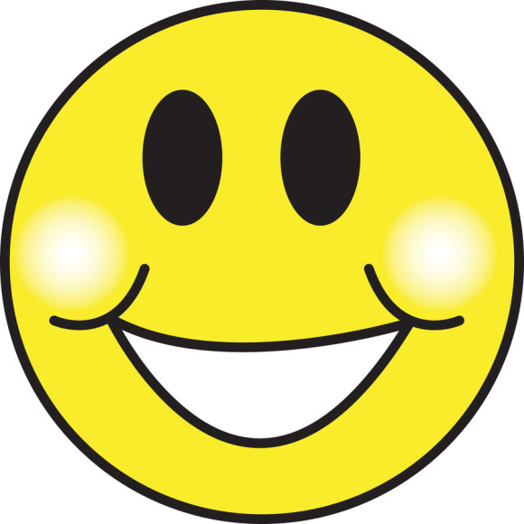Bright yellow smiley face with black oval eyes, wide open smile, and rosy cheeks.