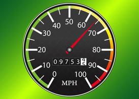 Digital speedometer showing 70 MPH with odometer reading 97,532 miles on a green gradient background.