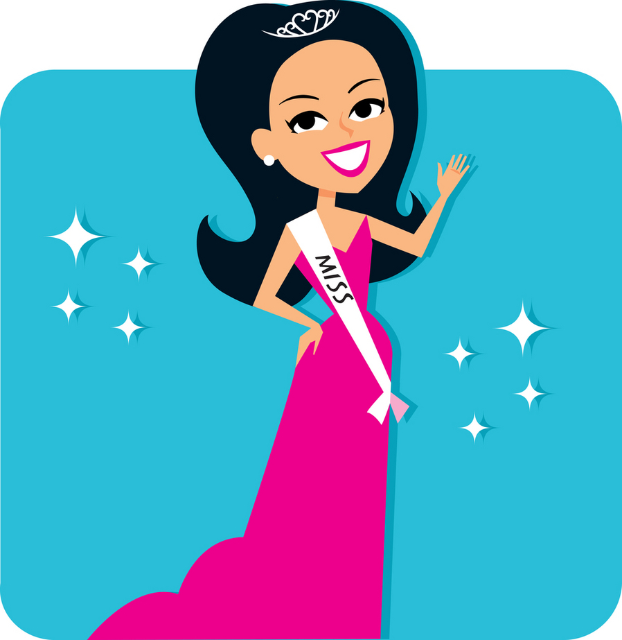 Smiling cartoon Miss pageant winner in pink gown, tiara, and sash waving against a sparkling blue background.