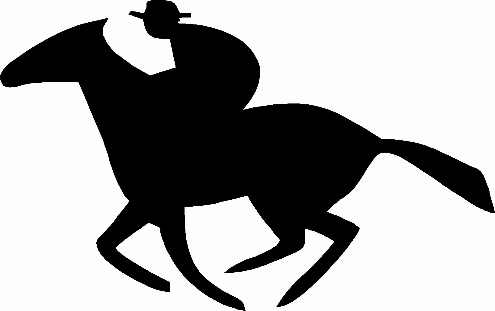 Black silhouette of a jockey riding a galloping racehorse in motion.