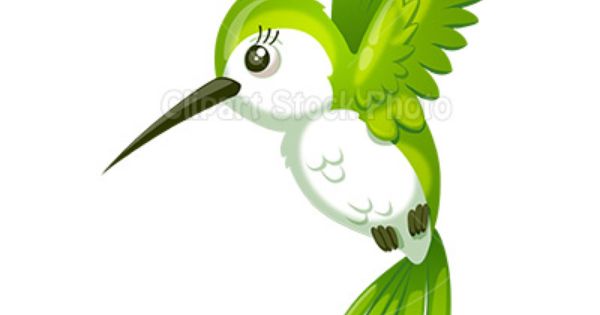 Cute green and white cartoon hummingbird with long beak and expressive eyes, wings spread mid-flight on white background.