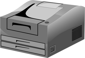 Gray desktop laser printer with paper tray and output slot, vector illustration.