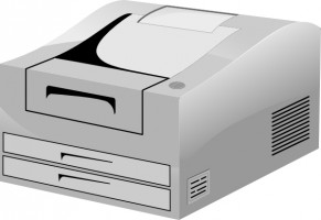 Gray desktop laser printer with paper tray and output slot, illustrated in grayscale vector style.