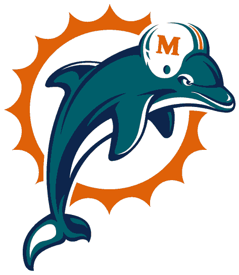 Miami Dolphins NFL team logo featuring a leaping dolphin wearing a helmet with an "M" against an orange sunburst background.