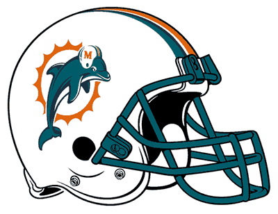 Miami Dolphins NFL helmet logo featuring a leaping dolphin in orange sunburst with teal and orange stripes.
