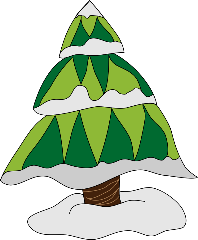 Stylized green Christmas tree with snow layers and brown trunk on black background