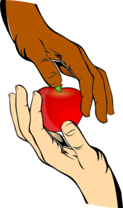 Two hands of different skin tones gently exchanging a bright red apple against a black background.