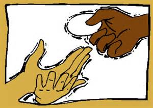 Two hands of different skin tones exchanging a coin, symbolizing fair trade or financial transaction.