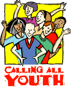 Diverse group of smiling youth raising hands enthusiastically with bold text "Calling All Youth" below.