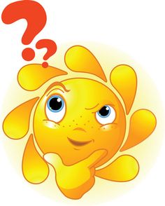 A cheerful yellow cartoon sun with big blue eyes, a thoughtful pose, and a red question mark above its head.