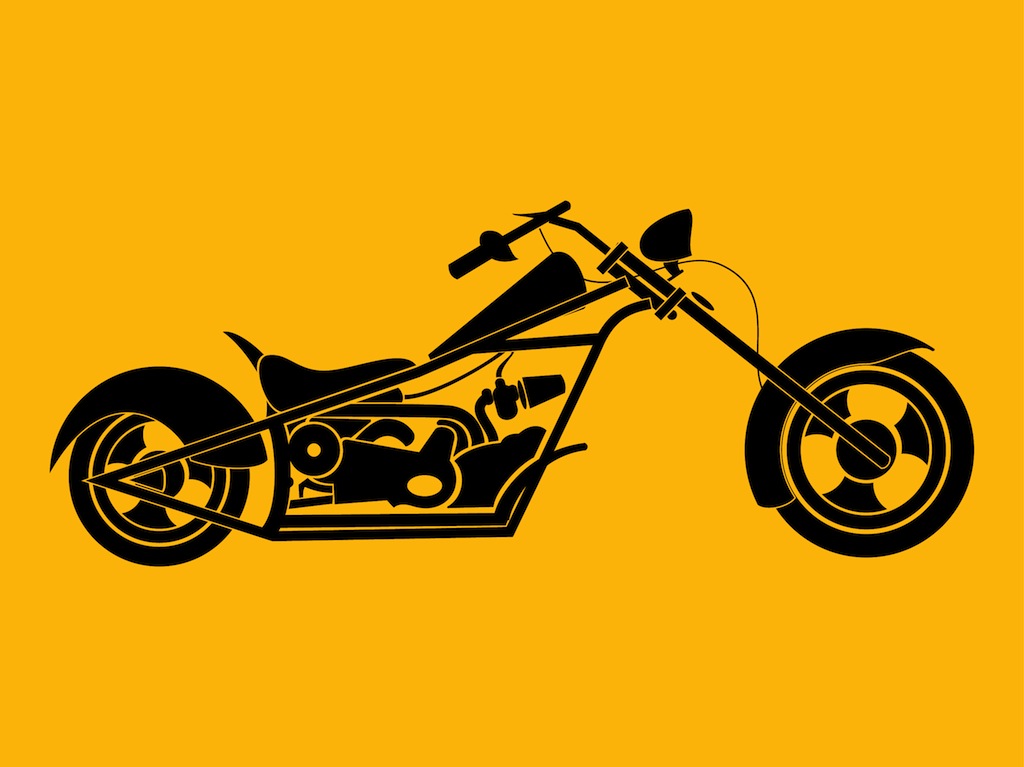 Black silhouette of a chopper-style motorcycle on a vibrant yellow background.