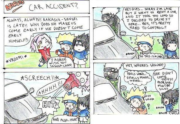 Naruto manga-style comic strip depicting a humorous car accident involving characters arriving late and crashing into a vehicle.