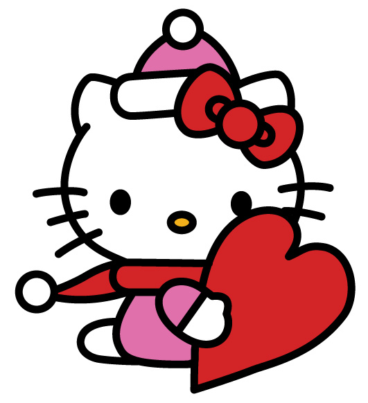 Hello Kitty wearing a pink Santa hat and red bow, holding a large red heart with festive scarf.