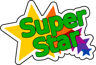 Colorful "Super Star" logo with green text on a yellow star, surrounded by orange, purple, and blue stars.