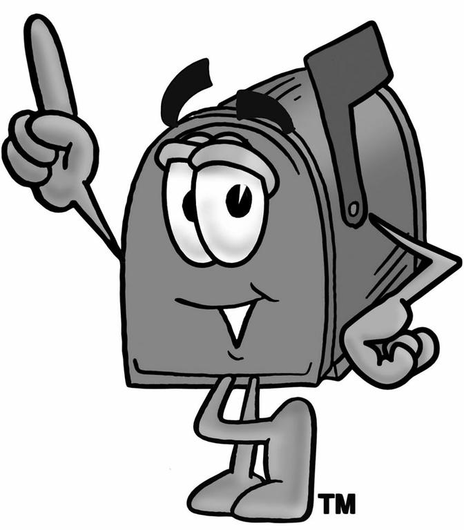 Animated mailbox character pointing upward with a cheerful expression, holding a letter in one hand.