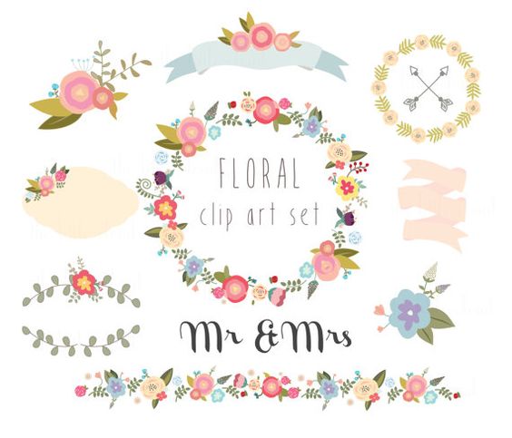 Floral clip art set with wreaths, ribbons, and "Mr & Mrs" text for wedding designs