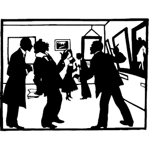 Silhouetted figures in a vintage art gallery, engaged in animated discussion and viewing framed artworks on walls.