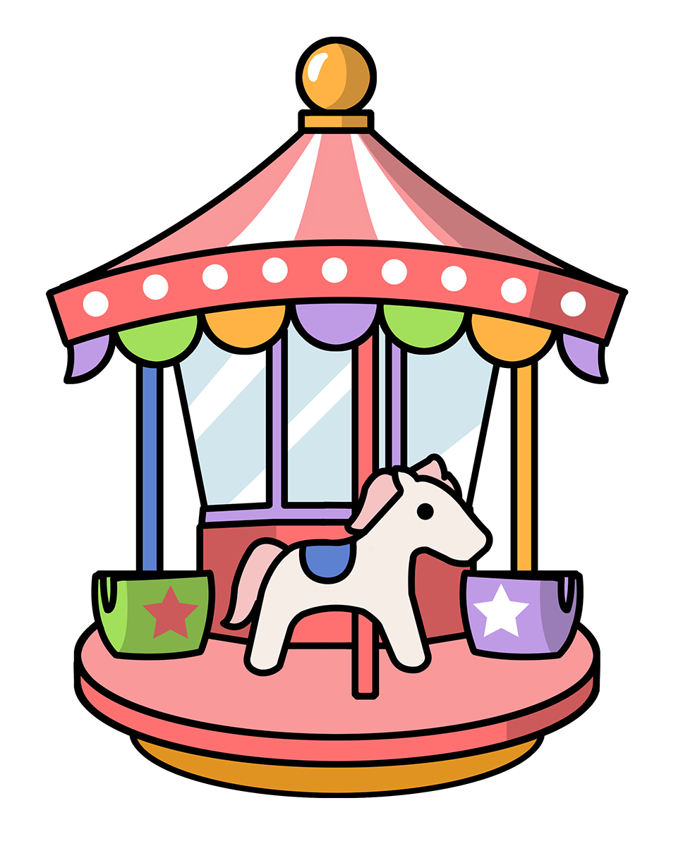 Colorful cartoon carousel with white horse, striped canopy, and star-decorated seats.