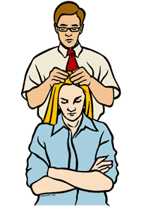A hairstylist in a white shirt and red tie styles a seated woman’s blonde hair while she looks down with arms crossed.
