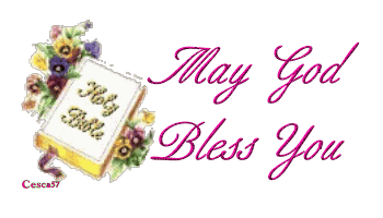 Decorative "Holy Bible" book with floral wreath and cursive text "May God Bless You" on black background.