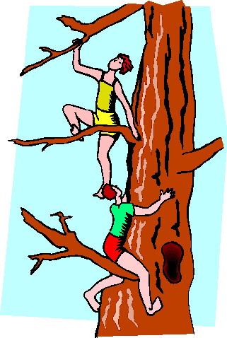Two children climbing a tall tree-one in yellow, one in green-reaching for branches against a light blue sky.