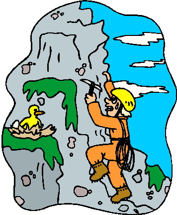 A cartoon climber in orange gear ascends a rocky cliff beside a duck nest with a yellow duckling, under a blue sky.