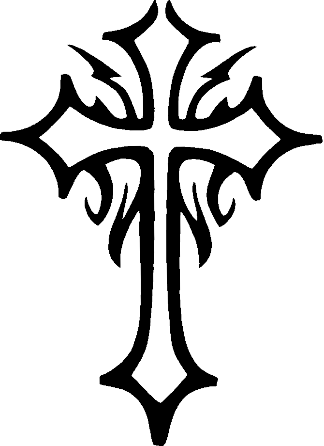 Ornate gothic-style cross with intricate flame-like flourishes and symmetrical design on black background.