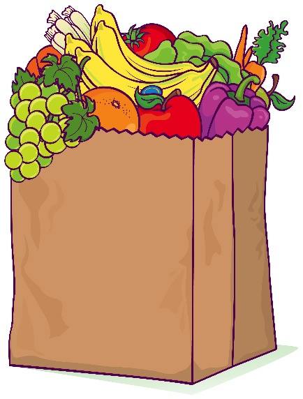 Brown paper grocery bag overflowing with colorful fresh fruits and vegetables including bananas, grapes, apples, peppers, and leafy greens.