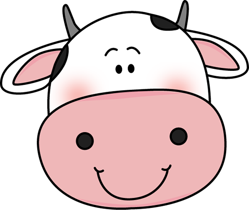Friendly cartoon cow face with pink nose, black spots, and smiling expression.