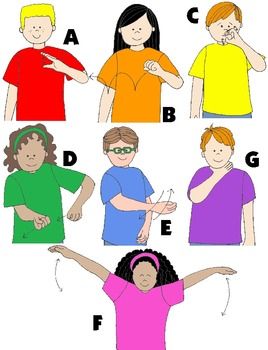 Seven illustrated children demonstrating various hand gestures labeled A-G for sign language or communication instruction.