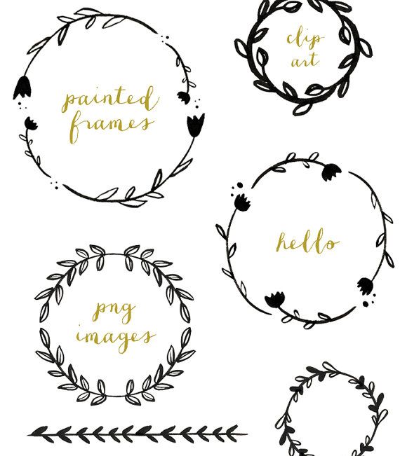 Hand-painted floral wreath frames with gold script text, including "painted frames", "hello", and "png images"