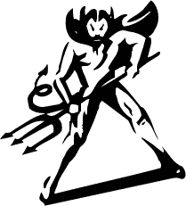 Stylized black-and-white illustration of a demonic figure wielding a trident, posed dynamically with horns and flowing hair.