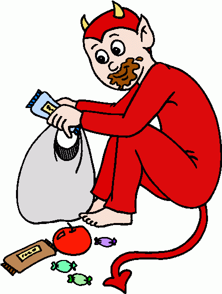 A cartoon devil in red costume sits on floor, eating junk food with chocolate smeared on face, surrounded by candy and snacks.