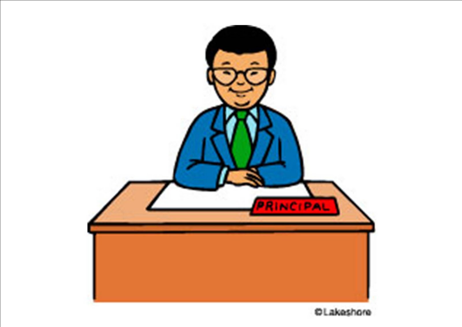 Smiling principal in blue suit and green tie sits at a desk with a red "PRINCIPAL" nameplate.