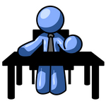 Blue cartoon figure sitting at a desk, typing on a keyboard with one hand raised.