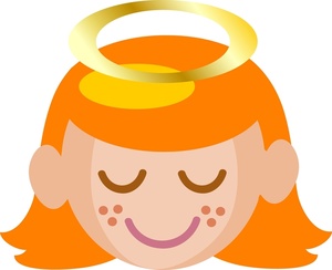 Smiling angel emoji with orange hair, closed eyes, and a golden halo.
