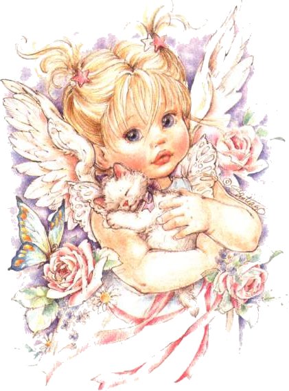 A cherubic angel girl with blonde hair and white wings cradles a tiny kitten amid roses and butterflies in soft watercolor style.