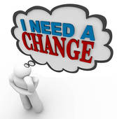 3D figure thinking with speech bubble saying "I NEED A CHANGE" in bold blue and red text.
