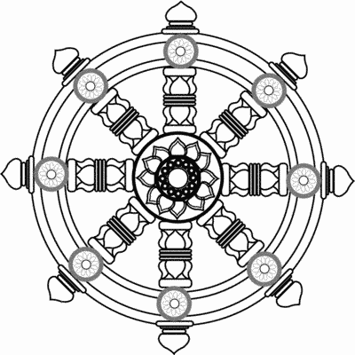 Black-and-white line drawing of the Dharmachakra, the Buddhist Wheel of Dharma with eight spokes and ornate rim details.