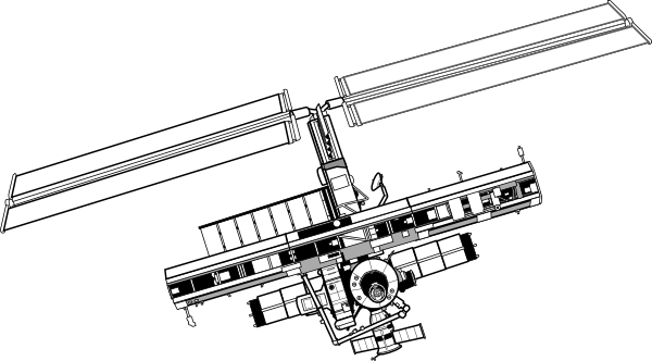 Technical line drawing of the International Space Station (ISS) with solar arrays extended, showing modules and structural details.