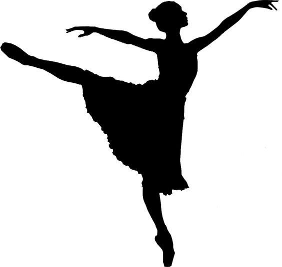 Silhouette of a ballerina in arabesque pose, arms extended, one leg lifted high, wearing a tutu and pointe shoes.