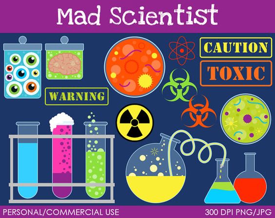 Colorful cartoon-style mad scientist lab elements including beakers, warning signs, biohazards, and mutant specimens.
