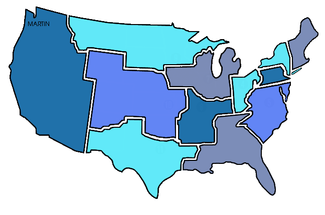Color-coded U.S. map with states shaded in varying blues and labeled "MARTIN" in Washington state.