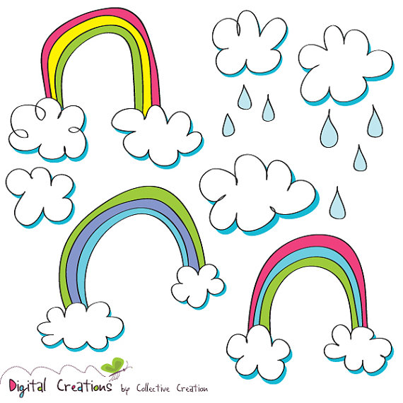 Colorful hand-drawn rainbows with fluffy clouds and falling raindrops on white background.
