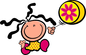 Happy cartoon girl with wild black hair holding a yellow balloon with a pink flower.