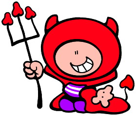 Cute cartoon devil in red hood holding a heart-tipped pitchfork, smiling playfully.