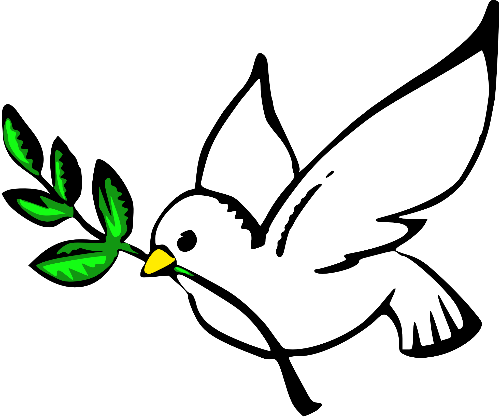 White dove in flight carrying a green olive branch, symbolizing peace and hope.
