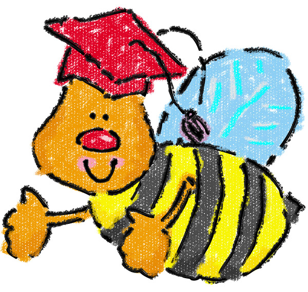 Cheerful cartoon bee wearing a red graduation cap and giving a thumbs-up, with blue wings and striped yellow-black body.