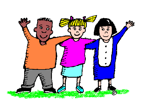 Three diverse children standing together on grass, waving happily with arms raised.