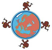 Four cartoon monkeys in explorer hats surround a stylized globe showing Europe and Africa.
